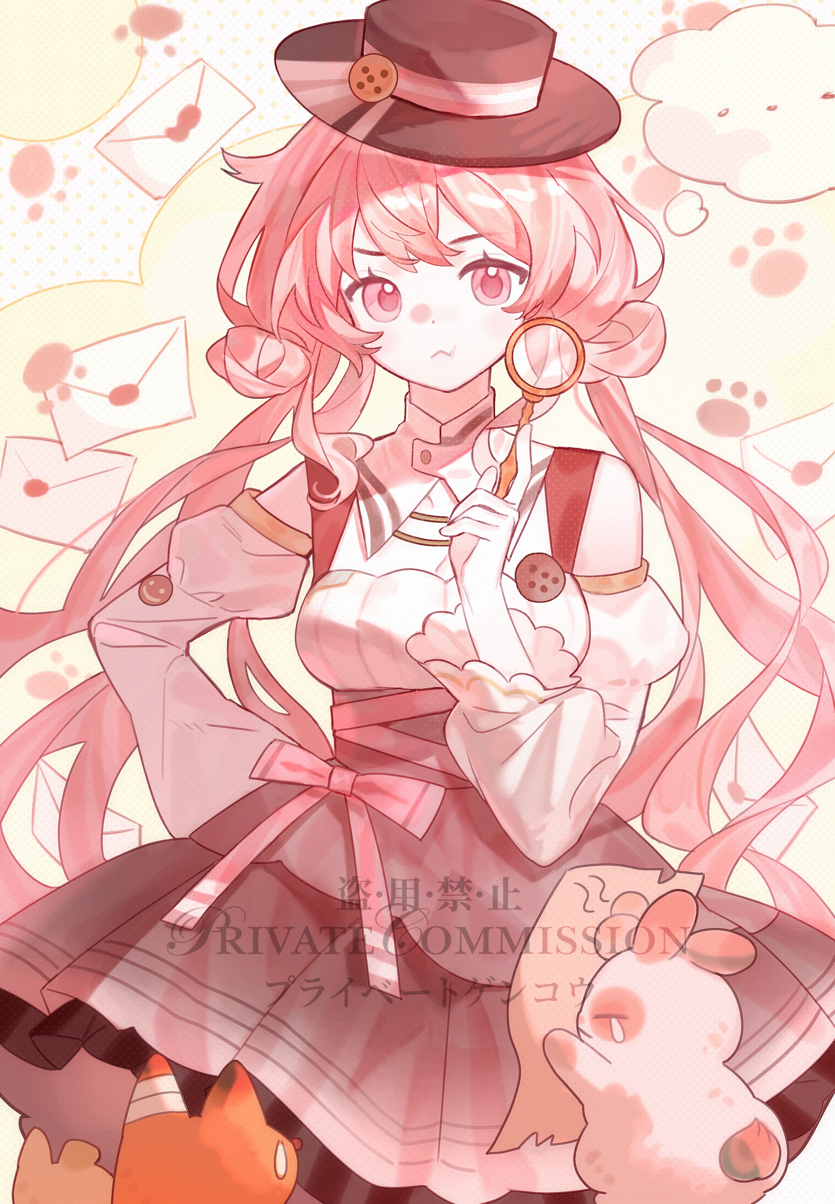 original, absurdres, highres, 1girl, :<, bai yang zi, bare shoulders, blush, breasts, brown hat, brown skirt, closed mouth, cowboy shot, detached sleeves, frilled skirt, frills, hat, hat ribbon, holding, holding magnifying glass, juliet sleeves, large breasts, long hair, long sleeves, looking at viewer, low twintails, magnifying glass, pink eyes, pink hair, pink ribbon, polka dot, polka dot background, puffy sleeves, rabbit, ribbon, shirt, skirt, sleeveless, sleeveless shirt, solo, twintails, watermark, white shirt, white sleeves