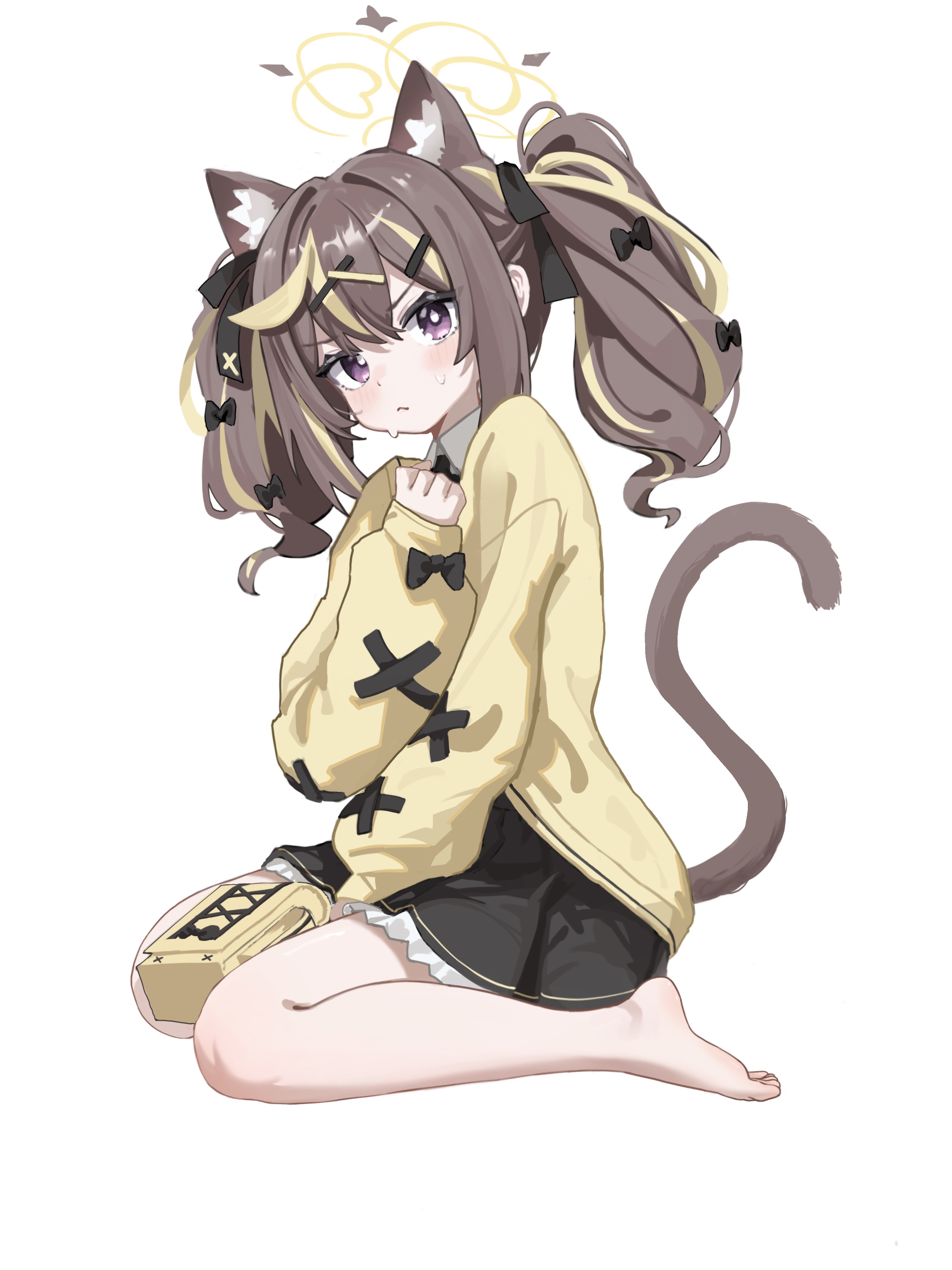xiaoxiaoyifan, rena (blue archive), blue archive, absurdres, chinese commentary, commentary request, highres, making-of available, procreate (medium), 1girl, :<, animal ear fluff, animal ears, barefoot, between legs, black bow, black ribbon, black skirt, blonde hair, blush, bow, bright pupils, brown hair, cardigan, cat ears, cat girl, cat tail, clenched hand, closed mouth, collared shirt, cross-laced clothes, cross-laced sleeves, frilled skirt, frills, full body, hair between eyes, hair bow, hair ornament, hair ribbon, hairclip, halo, hand between legs, hand up, kemonomimi mode, long sleeves, looking at viewer, medium hair, multicolored hair, multiple hair bows, puffy long sleeves, puffy sleeves, purple eyes, ribbon, shirt, sidelocks, simple background, sitting, skirt, sleeve bow, sleeves past wrists, solo, streaked hair, sweat, tail, twintails, wariza, white background, white pupils, white shirt, yellow bag, yellow cardigan, yellow halo