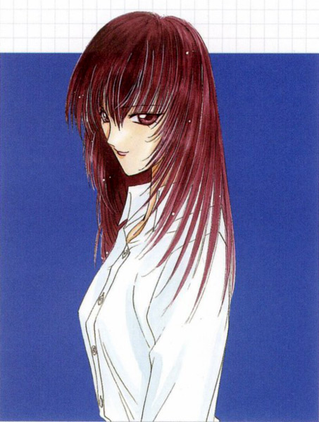 nanase aoi, kurenai kasumi, angel flavor, seraphim call, artbook, 1990s (style), 1girl, blue background, buttons, collared shirt, dress shirt, female focus, long hair, looking at viewer, red eyes, red hair, retro artstyle, shirt, simple background, solo, upper body, white shirt