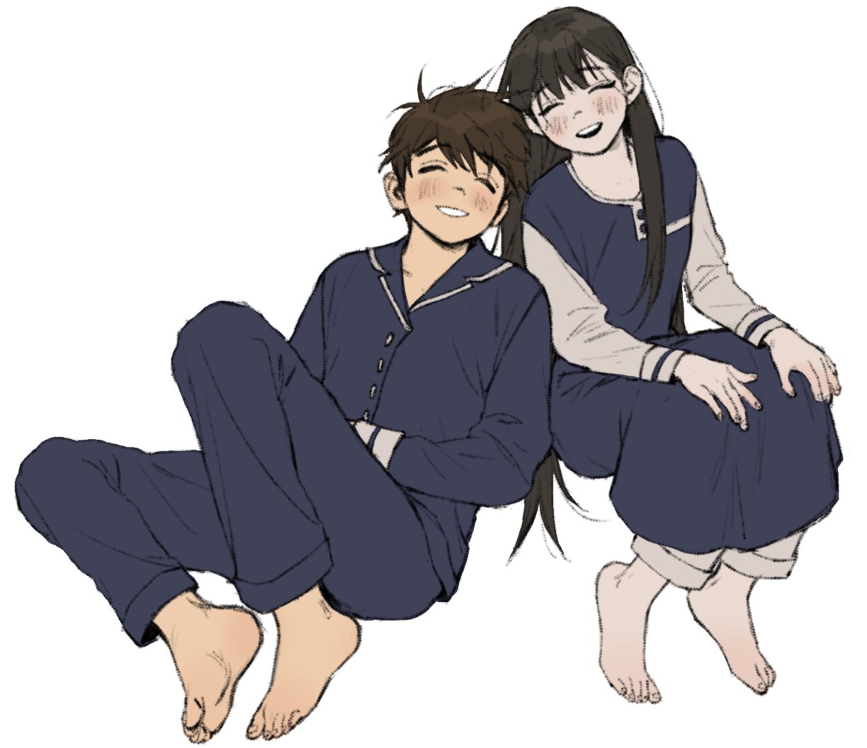r3dhands, hero (faraway) (omori), hero (omori), mari (faraway) (omori), mari (omori), omori, commentary, english commentary, 1boy, 1girl, :d, ^ ^, alternate costume, barefoot, black hair, black mouth, blue dress, blue jacket, blue pajamas, blue pants, brown hair, buttons, closed eyes, collarbone, dress, facing viewer, feet, fingernails, flat color, full body, grin, hands on own knees, jacket, knee up, leaning on person, long dress, long hair, long sleeves, open mouth, pajamas, pants, shirt, short hair, simple background, sitting, sleeveless, sleeveless dress, smile, teeth, toenails, toes, upper teeth only, very long hair, very short hair, white background, white pants, white shirt, yokozuwari