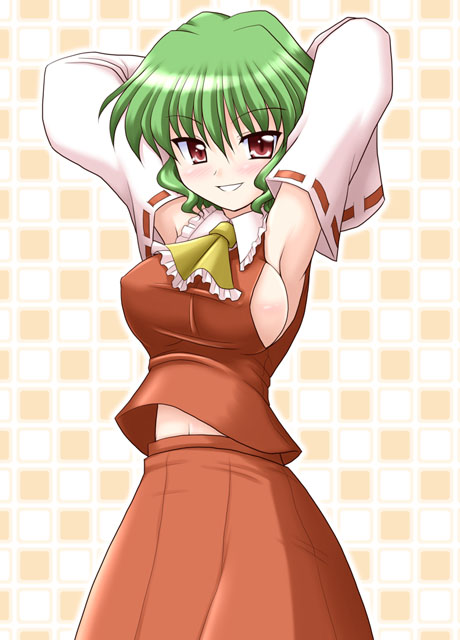 bococho, hakurei reimu, kazami yuuka, touhou, 1girl, armpits, arms behind head, arms up, breasts, cosplay, female focus, green hair, hakurei reimu (cosplay), large breasts, red eyes, sideboob, smile, solo