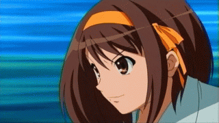 suzumiya haruhi, ace attorney, capcom, suzumiya haruhi no yuuutsu, animated, animated gif, anime screenshot, lowres, brown hair, objection, parody, pointing, solo