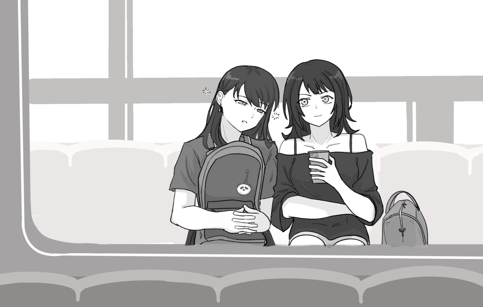 shiina taki, yahata umiri, bang dream!, bang dream! it's mygo!!!!!, commentary request, highres, 2girls, backpack, bag, cellphone, closed mouth, earrings, frost (arash3desu), greyscale, holding, holding phone, hugging object, jewelry, medium hair, mole, mole under eye, monochrome, multiple girls, off-shoulder shirt, off shoulder, open mouth, phone, shirt, short sleeves, smartphone