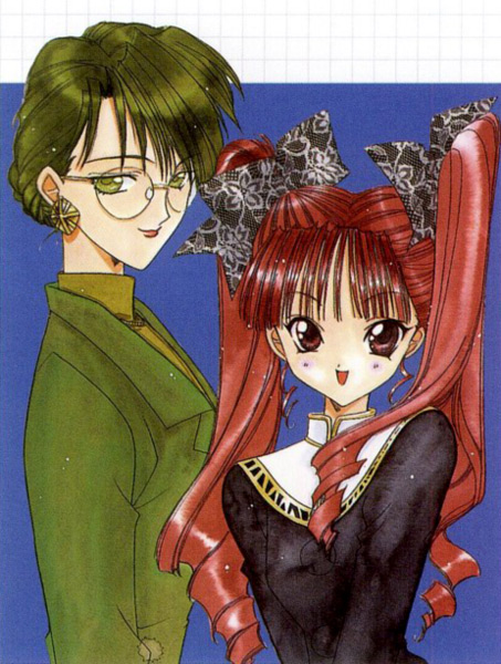 nanase aoi, hiiragi saeno, rindou ayaka, angel flavor, seraphim call, artbook, 1990s (style), 2girls, blue background, bow, drill hair, earrings, glasses, hair bow, jewelry, multiple girls, retro artstyle, round eyewear, twintails