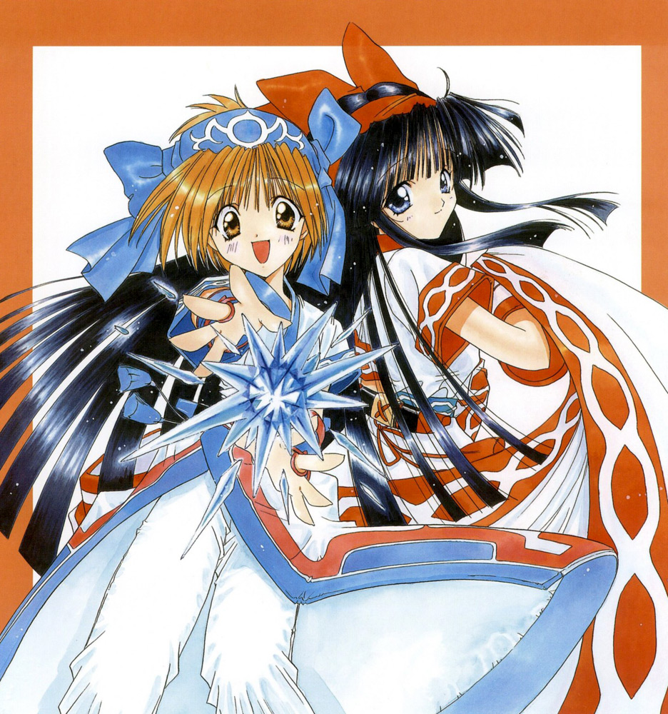 nanase aoi, nakoruru, rimururu, angel flavor, samurai spirits, artbook, 1990s (style), 2girls, bow, cape, crystal, hair bow, hairband, jewelry, multiple girls, red bow, retro artstyle, ring, siblings, sisters