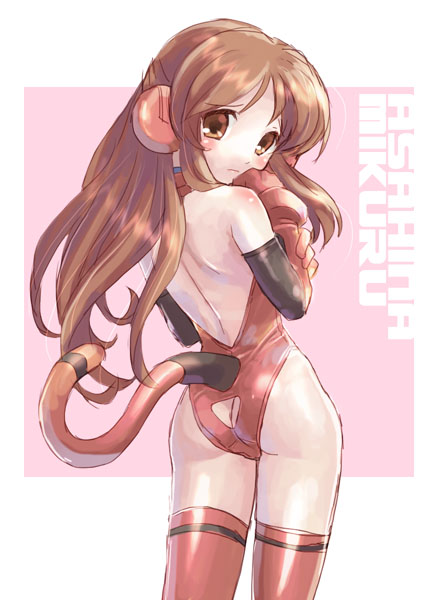 katahira masashi, asahina mikuru, souryuu asuka langley, neon genesis evangelion, suzumiya haruhi no yuuutsu, arm grab, 1girl, ass, ass cutout, back, backless outfit, bare shoulders, blush, body blush, brown hair, butt crack, character name, clothing cutout, cosplay, cowboy shot, elbow gloves, female focus, from behind, frown, gloves, grimrock! mix edition, hand to own mouth, head tilt, headphones, leotard, long hair, looking at viewer, looking back, mecha pilot suit, orange eyes, parted bangs, plugsuit (evangelion), red leotard, red thighhighs, solo, souryuu asuka langley (cosplay), standing, super plugsuit (evangelion), tail, tail through clothes, thighhighs, turtleneck