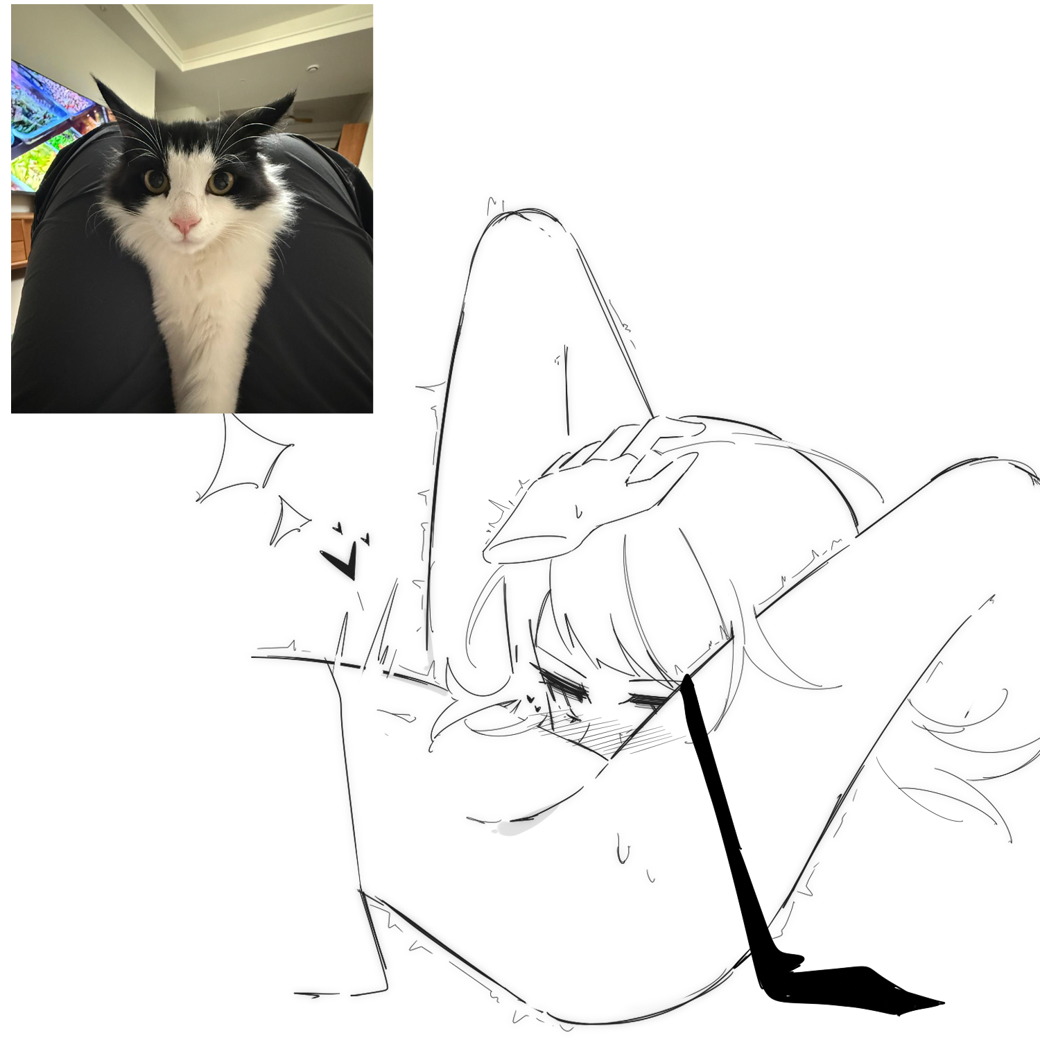 zikiki1092, shiina taki, yahata umiri, bang dream!, bang dream! it's mygo!!!!!, commentary, highres, 2girls, between legs, cunnilingus, greyscale, hand on another's head, monochrome, multiple girls, navel, oral, reference inset, twitching, yuri