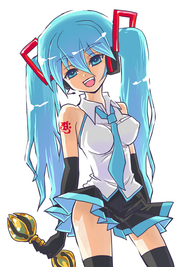 girotin ginza, hatsune miku, sowaka-chan, gohou shoujo sowaka-chan, vocaloid, 1girl, aqua hair, blue hair, female focus, gloves, headset, necktie, simple background, solo, standing, thighhighs, twintails, white background, zettai ryouiki