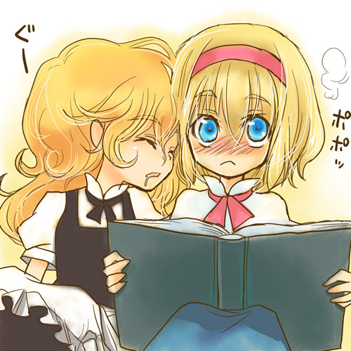 girotin ginza, alice margatroid, kirisame marisa, touhou, lowres, translated, 2girls, blonde hair, blush, book, female focus, gradient background, multiple girls, open book, reading, saliva, sleeping, white background