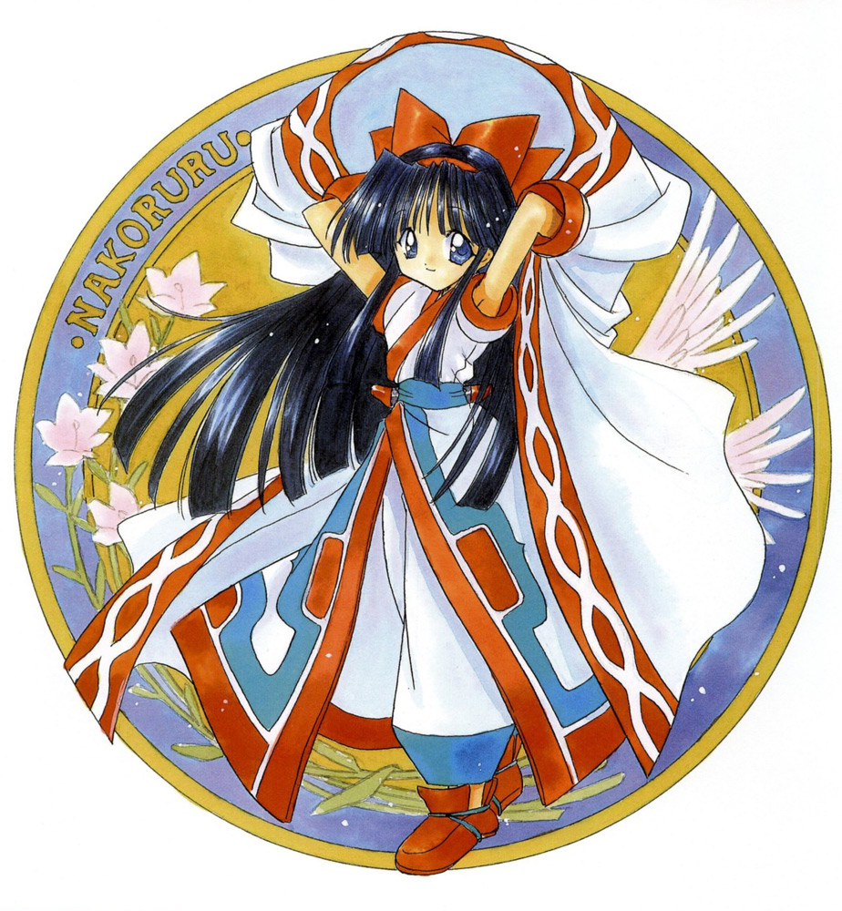 nanase aoi, nakoruru, angel flavor, samurai spirits, snk, artbook, 1990s (style), 1girl, bow, cape, character name, female focus, flower, hair bow, hairband, red bow, retro artstyle, solo, wings