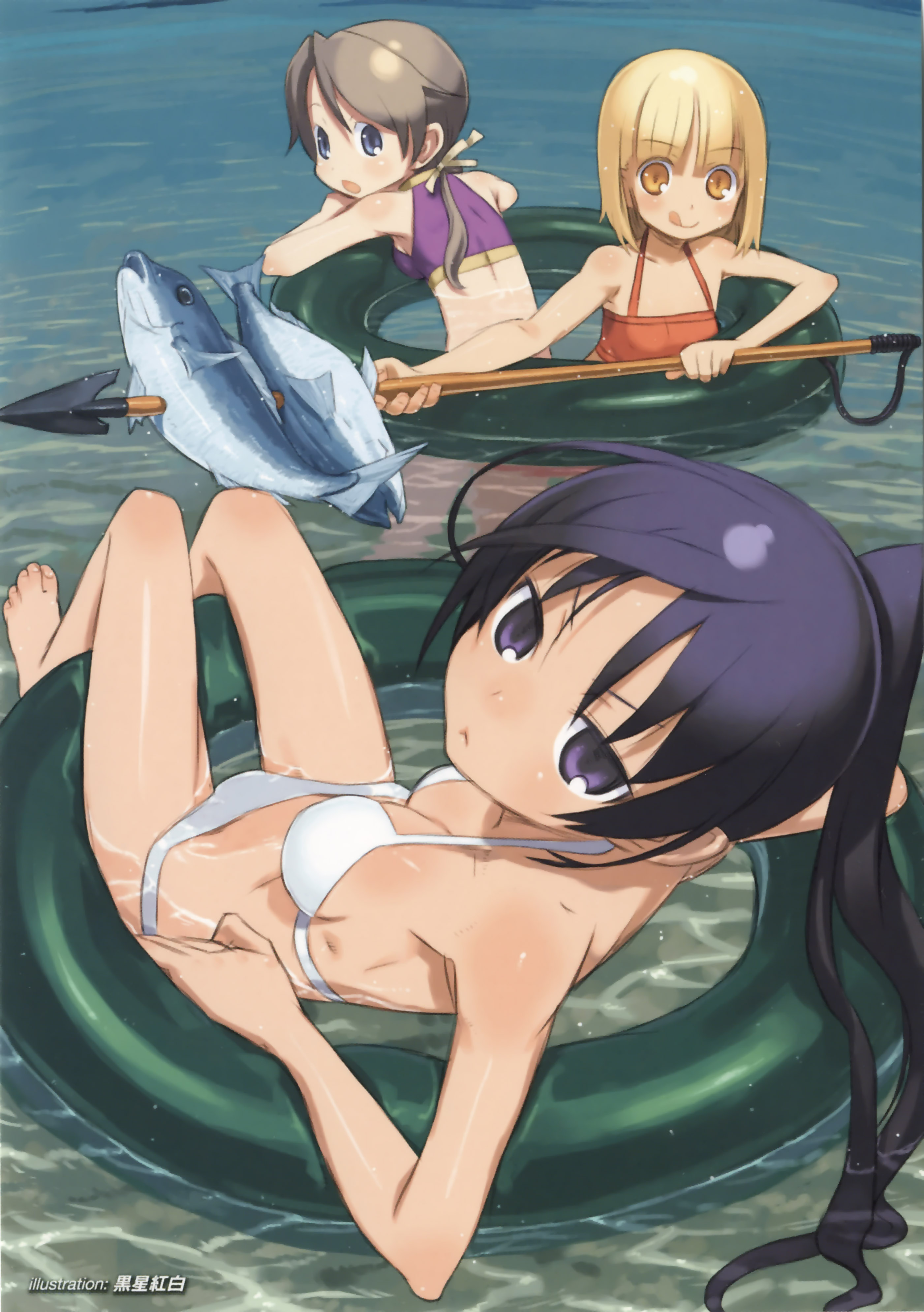 kuroboshi kouhaku, ichijou eika, sakurano otoha, sonomiya karen, sky girls, eyebrows, absurdres, highres, 00s, 3girls, :<, :q, barefoot, bikini, black hair, blonde hair, blue eyes, blue hair, blush, body blush, bra, breasts, brown eyes, brown hair, chestnut mouth, closed mouth, collarbone, feet, fish, full body, hair between eyes, hair ribbon, halterneck, head tilt, high ponytail, holding, innertube, lingerie, long hair, looking at viewer, looking back, lying, medium breasts, multiple girls, ocean, on back, one-piece swimsuit, orange eyes, orange one-piece swimsuit, outdoors, partially submerged, polearm, ponytail, purple bikini, purple eyes, ribbon, short hair, small breasts, smile, spear, standing, strap gap, swim ring, swimsuit, toes, tongue, tongue out, underwear, water, weapon, white bikini, yellow eyes, yellow ribbon
