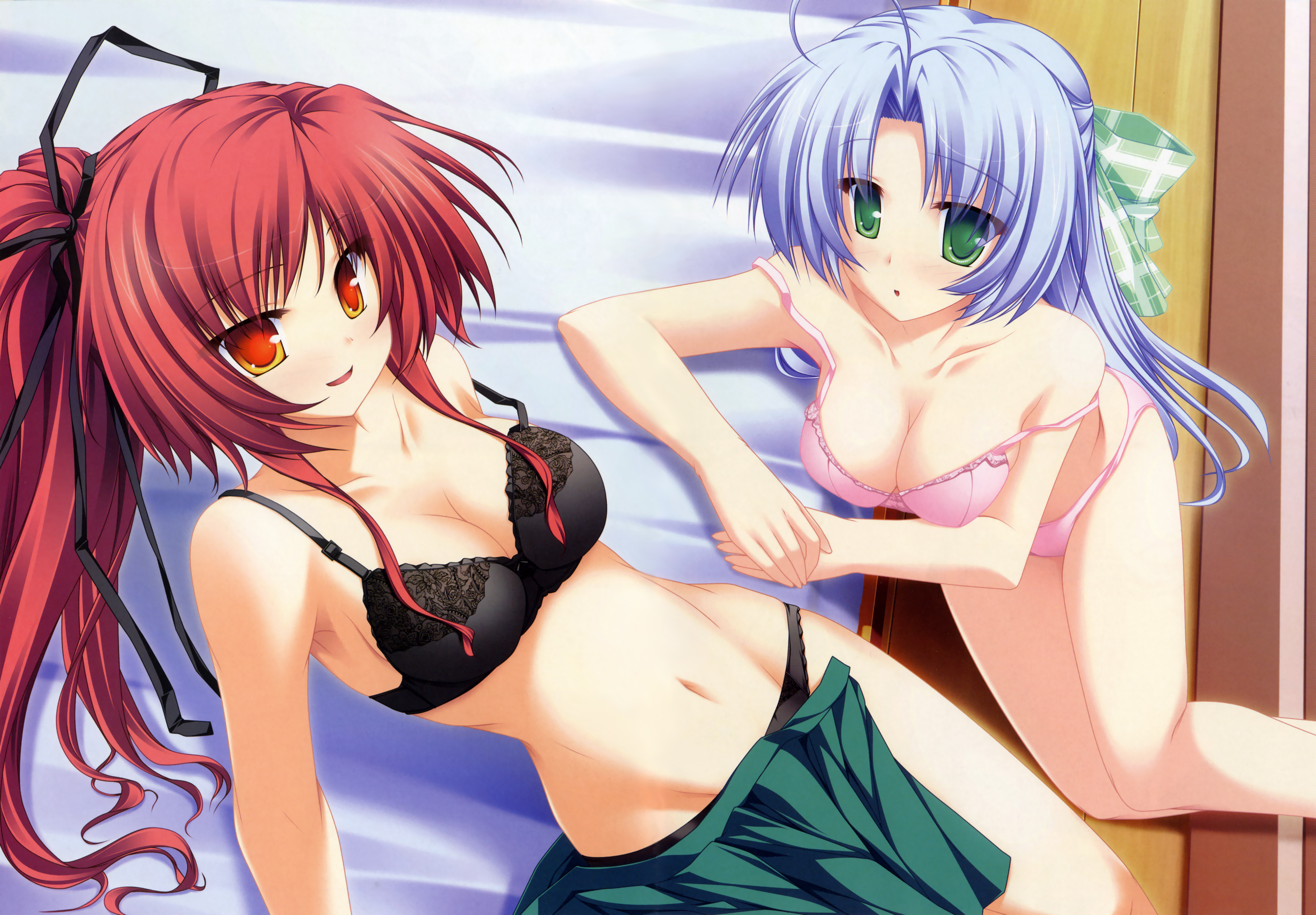 tenmaso, alicia infans, seera finis victoria, magus tale, highres, 2girls, bed, black bra, black panties, blue hair, bow, bow bra, bra, breasts, cleavage, green eyes, legs folded, lingerie, long hair, multiple girls, orange eyes, panties, pink bra, pink panties, ponytail, red eyes, red hair, underwear, underwear only