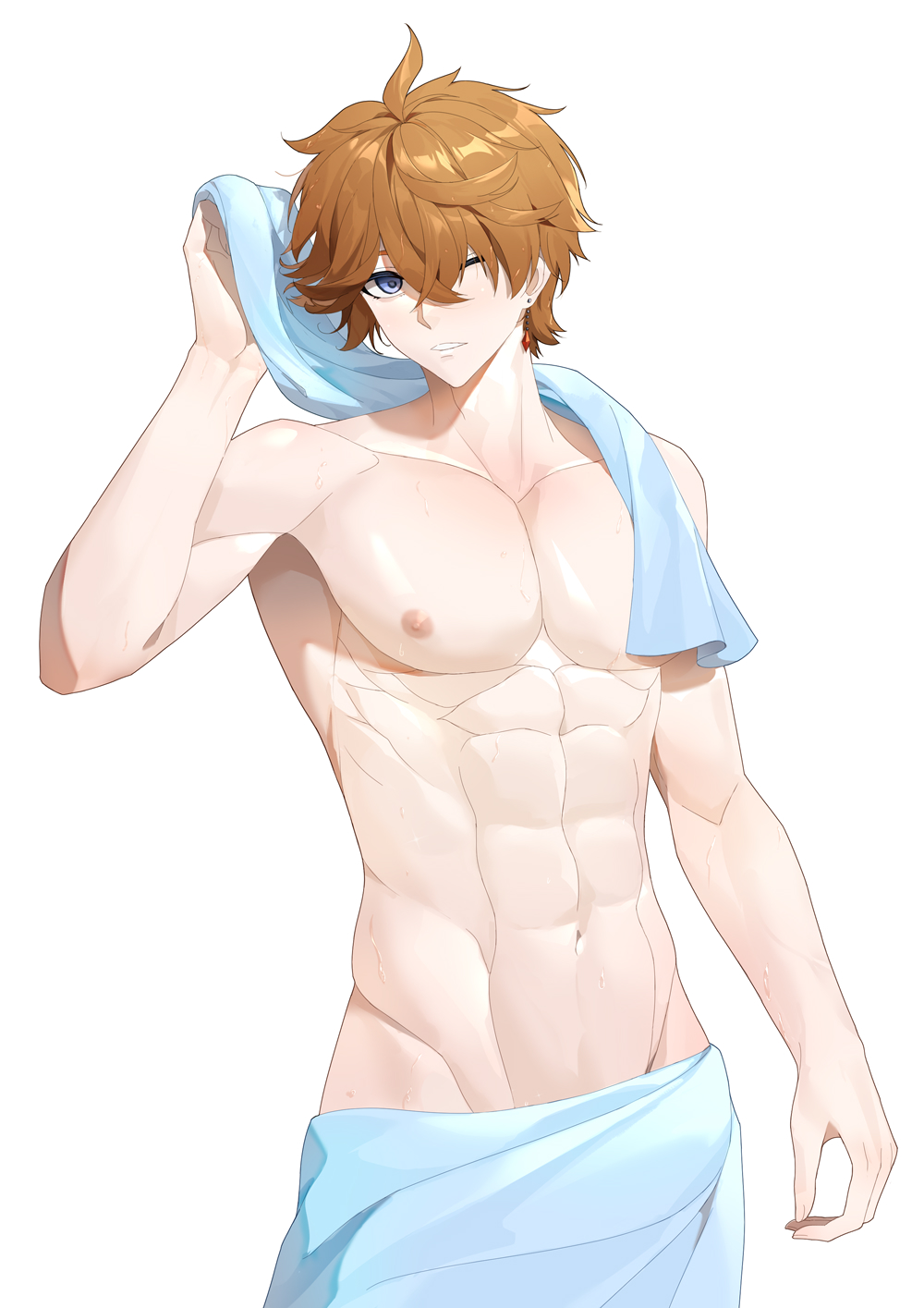 anjingxiang, tartaglia (genshin impact), genshin impact, highres, 1boy, abs, blue eyes, earrings, hair between eyes, jewelry, male focus, muscular, muscular male, navel, nipples, one eye closed, orange hair, short hair, solo, stomach, topless male, towel, towel around neck, towel around waist, white background