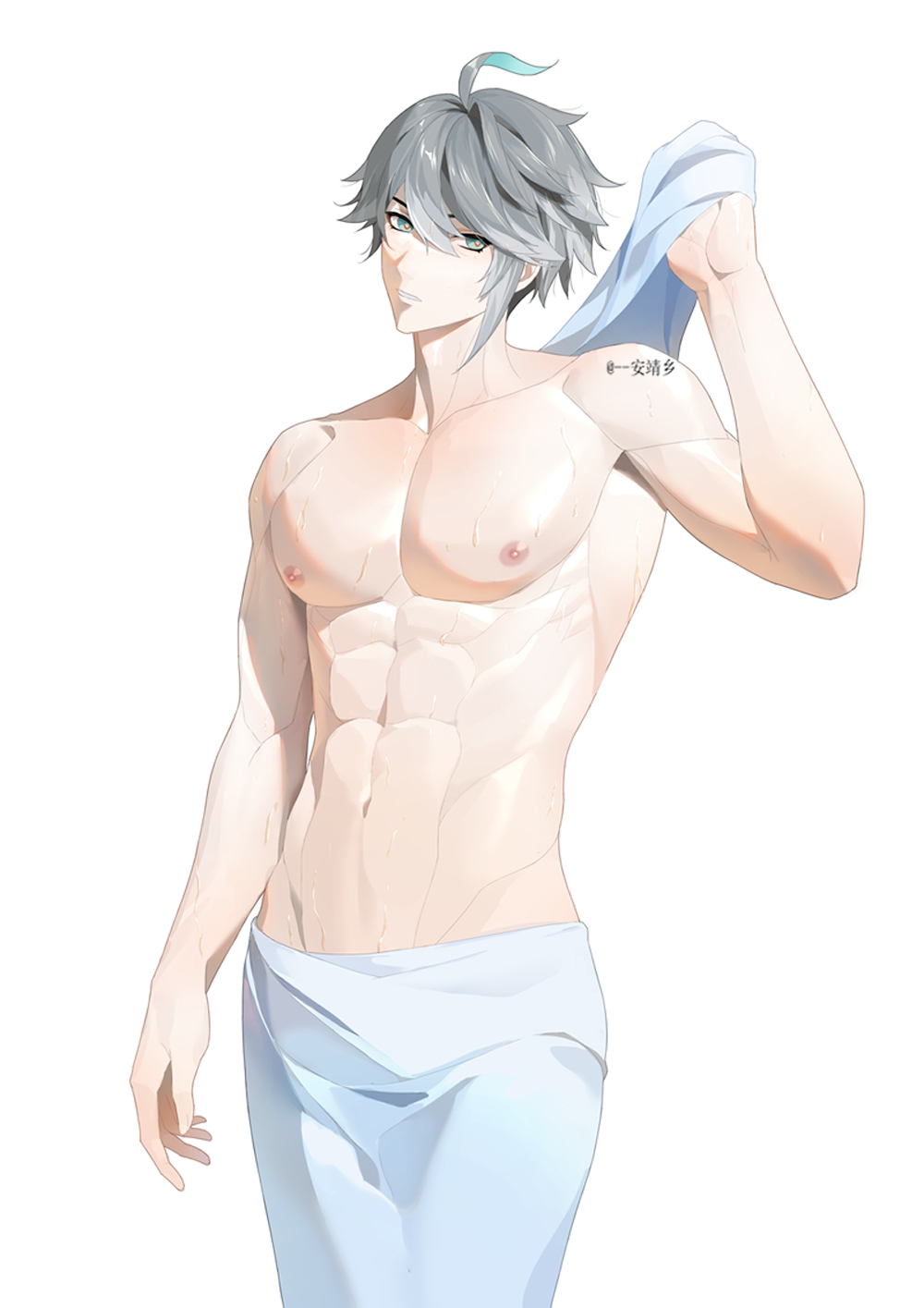 anjingxiang, alhaitham (genshin impact), genshin impact, highres, 1boy, abs, aqua eyes, aqua hair, grey hair, hair between eyes, holding, holding towel, male focus, multicolored hair, muscular, muscular male, navel, nipples, short hair, solo, stomach, streaked hair, topless male, towel, towel around waist, white background, white hair
