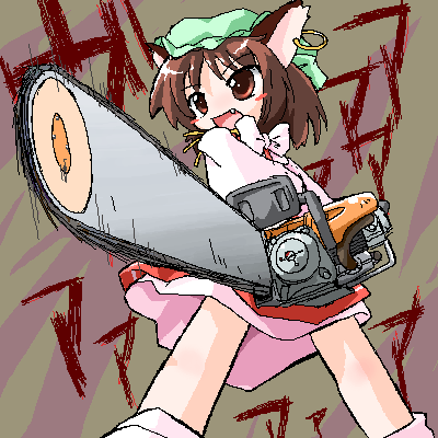 chen, touhou, artist request, lowres, 1girl, animal ears, blush stickers, brown eyes, brown hair, cat ears, cat girl, chainsaw, earrings, fang, female focus, green hat, hat, jewelry, oekaki, pun, short hair, solo, sunrise stance