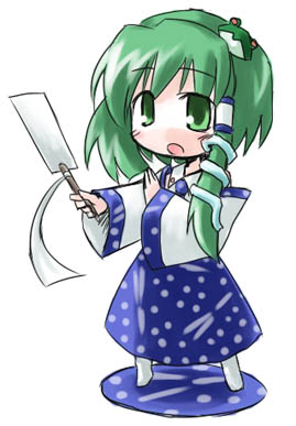 kochiya sanae, touhou, lowres, 1girl, chibi, female focus, green eyes, green hair, simple background, solo, standing, white background