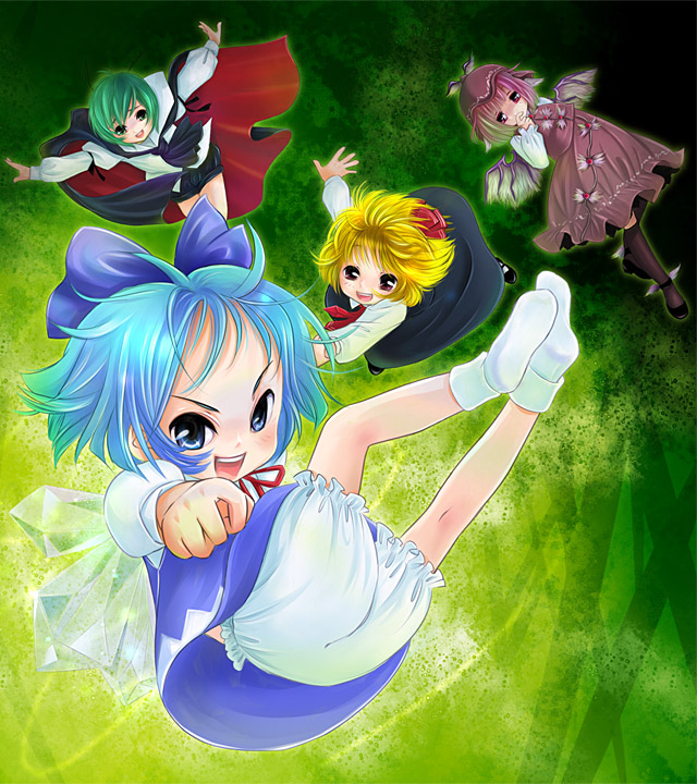 kubozuka pikurou, cirno, mystia lorelei, rumia, wriggle nightbug, touhou, 4girls, antennae, blonde hair, bloomers, blue eyes, blue hair, bow, cape, clenched hand, dress, female focus, green eyes, green hair, hair bow, ice, kneepits, multiple girls, pink hair, red eyes, socks, team 9 (touhou), teeth, underwear, upper teeth only, white bloomers, wings