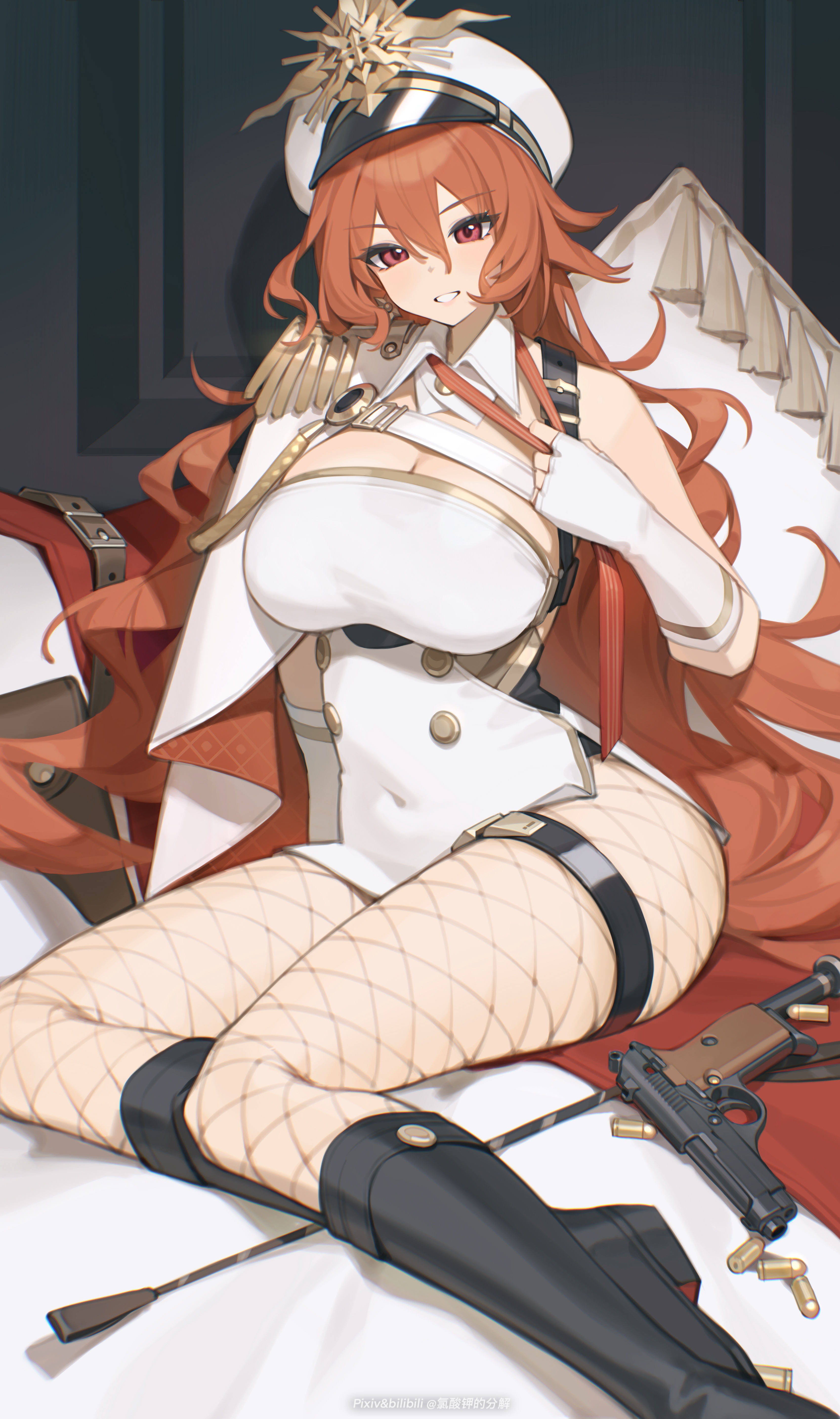 bilibili xiaolu, augusta (wuthering waves), wuthering waves, absurdres, chinese commentary, commentary request, highres, 1girl, adjusting clothes, adjusting necktie, alternate costume, bare shoulders, black boots, boots, breasts, bullet, cleavage, covered navel, dress, epaulettes, fingerless gloves, fishnet pantyhose, fishnets, gloves, gun, hair between eyes, handgun, hat, knee boots, large breasts, long hair, looking at viewer, military hat, necktie, orange hair, pantyhose, parted lips, peaked cap, red eyes, red necktie, single epaulette, sitting, smile, solo, very long hair, weapon, white dress, white gloves, white hat, yokozuwari