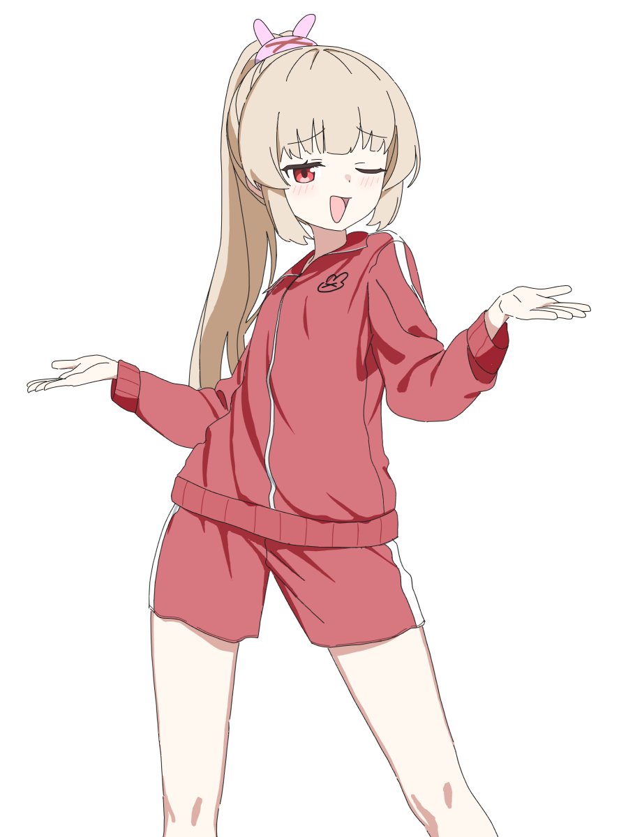 kutsusama, natori sana, natori sana (jersey), sana channel, highres, 1girl, blonde hair, blush, gym shorts, hair ornament, jacket, long hair, long sleeves, looking at viewer, one eye closed, open mouth, ponytail, rabbit hair ornament, red eyes, red jacket, red shorts, shorts, shrugging, simple background, smile, solo, track jacket, virtual youtuber, white background