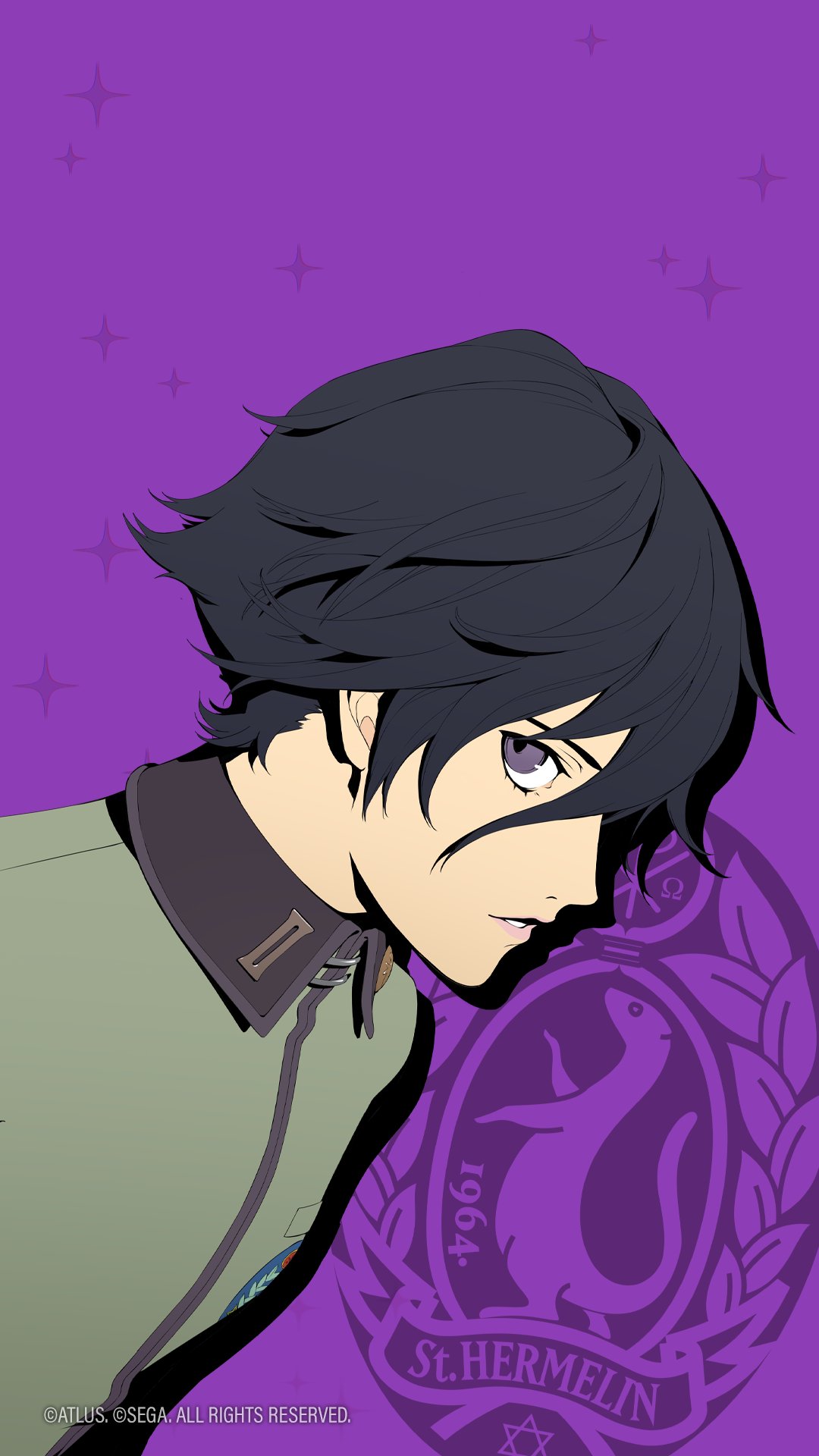 soejima shigenori, toudou naoya, persona, persona 1, highres, official art, 1boy, black hair, collared jacket, emblem, jacket, male focus, purple background, purple eyes, school uniform, shirt, short hair, solo, st. hermelin school uniform