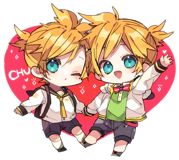 kaho 0102, kagamine len, vocaloid, commentary request, 2boys, :d, ;o, backpack, bag, black sailor collar, black shoes, black shorts, blonde hair, blue eyes, blush, bow, bowtie, chibi, chibi only, dual persona, full body, green shirt, jacket, long sleeves, looking at viewer, male focus, multiple boys, necktie, one eye closed, open clothes, open jacket, open mouth, outstretched arm, red bow, red bowtie, sailor collar, shirt, shoes, short hair, shorts, smile, socks, standing, striped bow, striped bowtie, striped clothes, white jacket, white shirt, white socks, yellow necktie