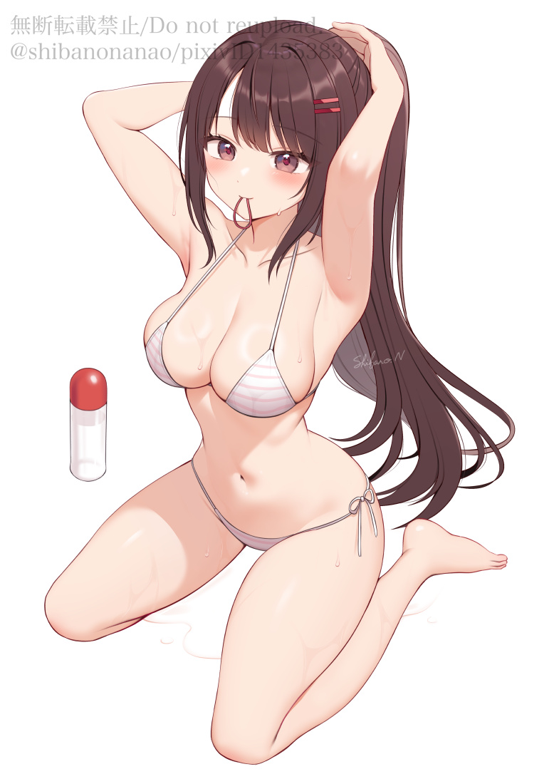 uramakaron, original, commentary request, 1girl, armpits, arms up, artist name, barefoot, bikini, breasts, brown eyes, brown hair, cleavage, closed mouth, collarbone, full body, hair ornament, hair tie, hair tie in mouth, hairclip, halterneck, large breasts, long hair, mouth hold, navel, parallel hairclips, parted bangs, ponytail, side-tie bikini bottom, sign, simple background, sitting, smile, solo, stomach, string bikini, striped bikini, striped clothes, swimsuit, tying hair, wariza, water drop, watermark, wet, white background, white bikini