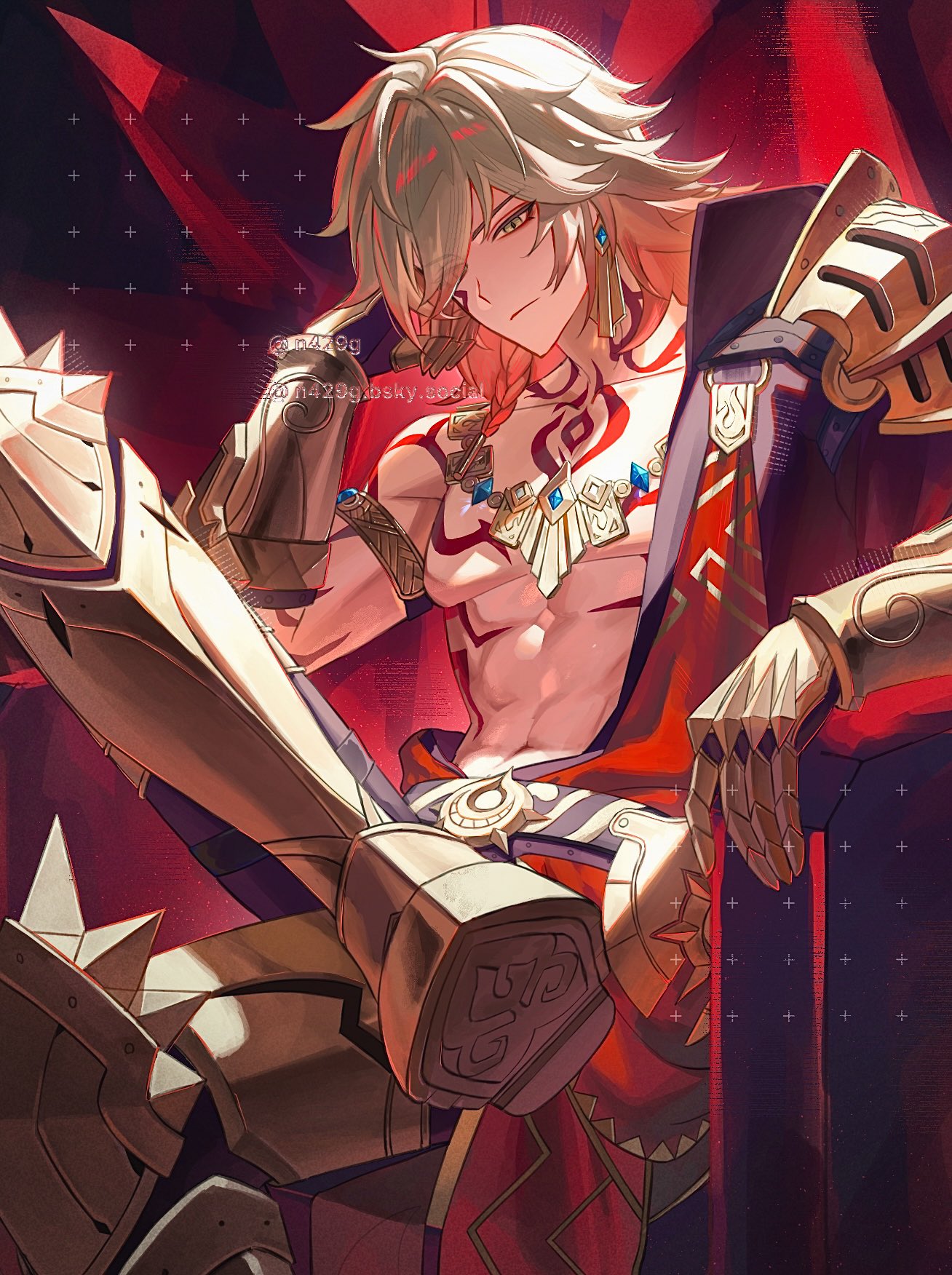 neglow, mydei (honkai: star rail), honkai: star rail, honkai (series), highres, revision, 1boy, armlet, armor, armored boots, armored gloves, black coat, blonde hair, boots, braid, chest tattoo, coat, crystal, earrings, facial tattoo, figure four sitting, gold earrings, gold necklace, gradient hair, hair between eyes, hand on own face, hand up, head rest, jewelry, male focus, medium hair, multicolored hair, necklace, orange eyes, pauldrons, red background, red hair, red tattoo, shoulder armor, shoulder tattoo, side braid, single pauldron, sitting, solo, tattoo, twitter username, watermark