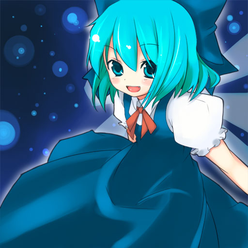 cirno, embodiment of scarlet devil, touhou, 1girl, :d, aqua eyes, aqua hair, blue bow, blue dress, bow, child, collared shirt, dress, female focus, hair bow, looking at viewer, neck ribbon, open mouth, puffy short sleeves, puffy sleeves, red ribbon, ribbon, shirt, short hair, short sleeves, smile, solo, white shirt, wings