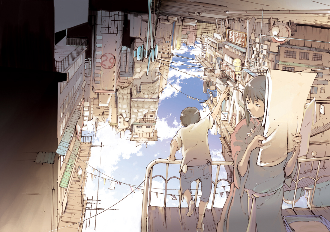 miyashita hiroki, original, 1boy, 1girl, child, city, landscape, laundry, scenery, sky, upside-down, waving