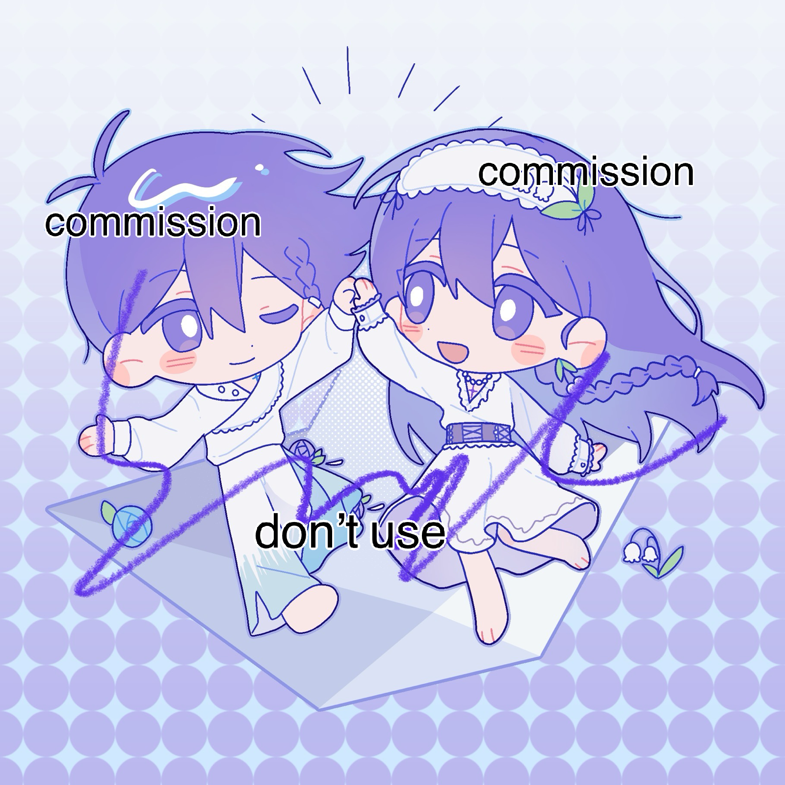 hrsw mz, hero (headspace) (omori), hero (omori), mari (headspace) (omori), mari (omori), omori, chinese commentary, commentary request, commission, highres, 1boy, 1girl, :d, ;), alternate costume, alternate hairstyle, antenna hair, arm at side, barefoot, black corset, blue flower, blue outline, blue rose, braid, chibi, chibi only, closed mouth, colored eyelashes, corset, cross-laced clothes, cross-laced corset, dot nose, double-parted bangs, dress, eye contact, fewer digits, flower, frilled dress, frilled hairband, frilled sleeves, frills, full body, green hair, hair behind ear, hair between eyes, hair tie, hairband, halftone, high five, jewelry, leaf, lily of the valley, long hair, long sleeves, looking at another, necklace, one eye closed, open mouth, outline, pale skin, pearl necklace, puffy long sleeves, puffy sleeves, purple background, purple eyes, purple flower, purple hair, purple rose, ribbon-trimmed hairband, rose, short hair, side braid, single braid, smile, sparkle background, standing, standing on one leg, very long hair, very short hair, watermark, white dress, white flower, white hairband