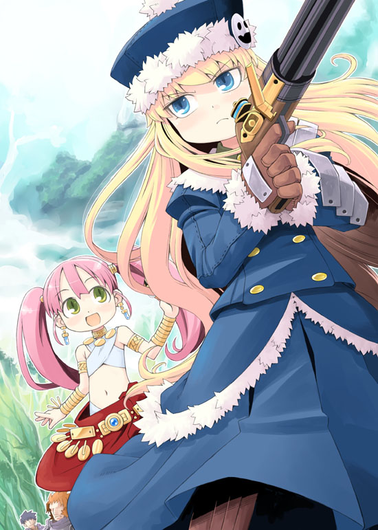 minami juujisei, bard (sekaiju), bard 2 (sekaiju), gunner (sekaiju), gunner 2 (sekaiju), jack frost (megami tensei), paladin (sekaiju), paladin 3 (sekaiju), swordsman (sekaiju), swordsman 1 (sekaiju), atlus, etrian odyssey, looking away, 2boys, 2girls, :d, angry, armlet, armor, bare shoulders, belt, blonde hair, blue eyes, blue hair, blush, boots, bracer, buttons, child, cloud, coat, crop top, day, earrings, faceless, faceless male, fantasy, flat chest, foreshortening, frown, fur trim, gem, gloves, grass, green eyes, gun, handgun, holding, jewelry, long hair, midriff, multiple boys, multiple girls, nature, navel, necklace, open mouth, orange hair, outdoors, parted bangs, pink hair, sarong, short hair, skirt, sky, slit pupils, smile, smiley face, standing, tree, turtleneck, twintails, very long hair, weapon