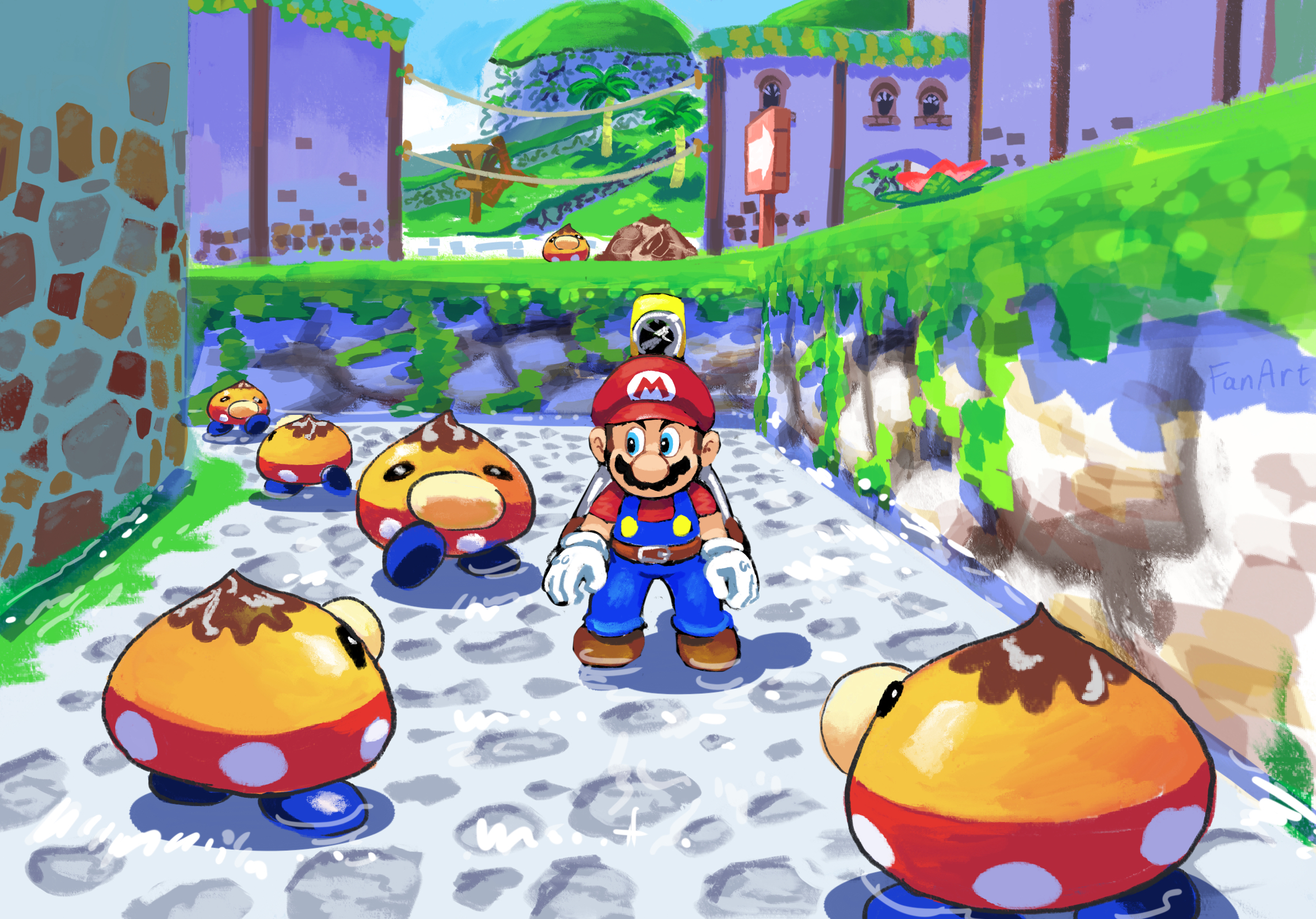 yamari (ya mari 6363), f.l.u.d.d., mario, strollin' stu, mario (series), nintendo, super mario sunshine, highres, 1boy, 6+others, blue eyes, blue overalls, blue sky, boots, brown boots, brown hair, day, facial hair, gloves, grass, hat, male focus, multiple others, mustache, outdoors, overalls, red hat, red shirt, shirt, short hair, short sleeves, sky, white gloves