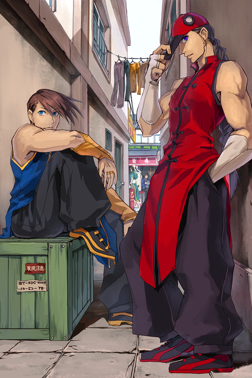 akito, yang lee, yun lee, capcom, street fighter, street fighter iii (series), bad id, bad pixiv id, 2boys, alternate color, baseball cap, black hair, blue eyes, braid, brothers, brown hair, changshan, chinese clothes, hat, male focus, multiple boys, shoes, siblings, sneakers, spiked hair, twins