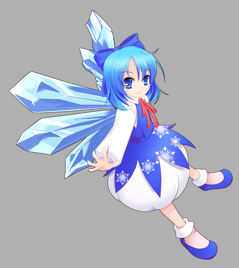 wapokichi, cirno, touhou, 1girl, adapted costume, blue shoes, female focus, full body, grey background, shoes, simple background, snowflakes, socks, solo, underwear, wings