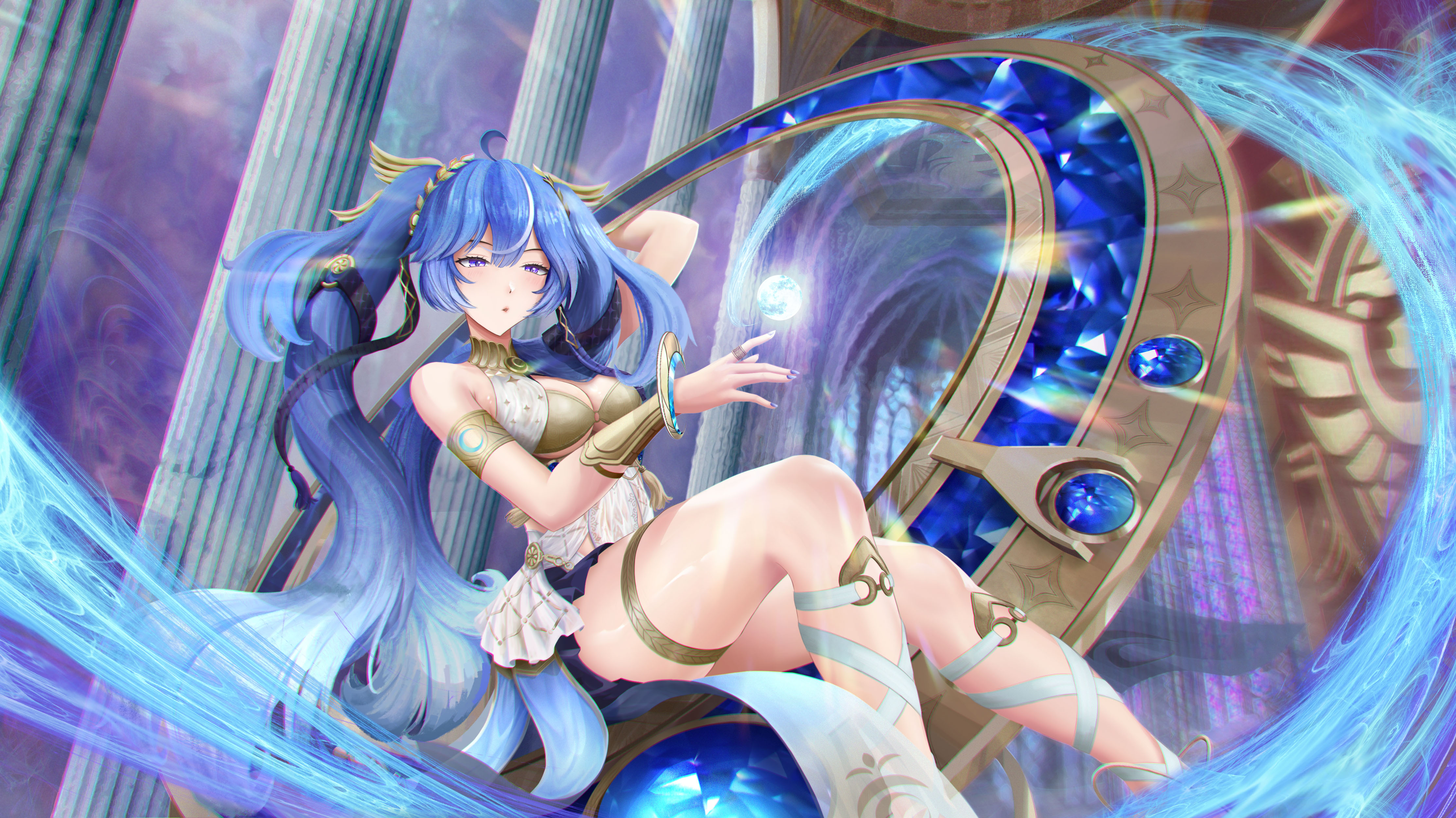kyuran 17, iuno (wuthering waves), wuthering waves, absurdres, commentary, highres, 1girl, ahoge, ancient greek clothes, arm up, armlet, bare shoulders, black skirt, blue eyes, blue hair, blue nails, breasts, chromatic aberration, cleavage, feet out of frame, fingernails, gold bra, greco-roman clothes, hair belt, head wreath, jewelry, long hair, medium breasts, miniskirt, multicolored hair, nail polish, orb, parted lips, sitting, skirt, solo, streaked hair, thighlet, thighs, twintails, very long hair