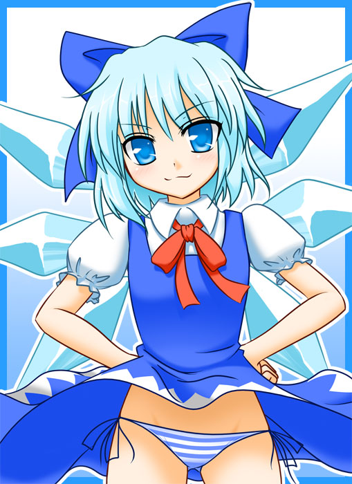 john (nakoto), cirno, embodiment of scarlet devil, touhou, md5 mismatch, 1girl, blue eyes, blue hair, blush, bow, clothes lift, dress, dress lift, female focus, hair bow, hand on own hip, looking at viewer, matching hair/eyes, panties, side-tie panties, smile, solo, striped clothes, striped panties, underwear, wind, wind lift, wings
