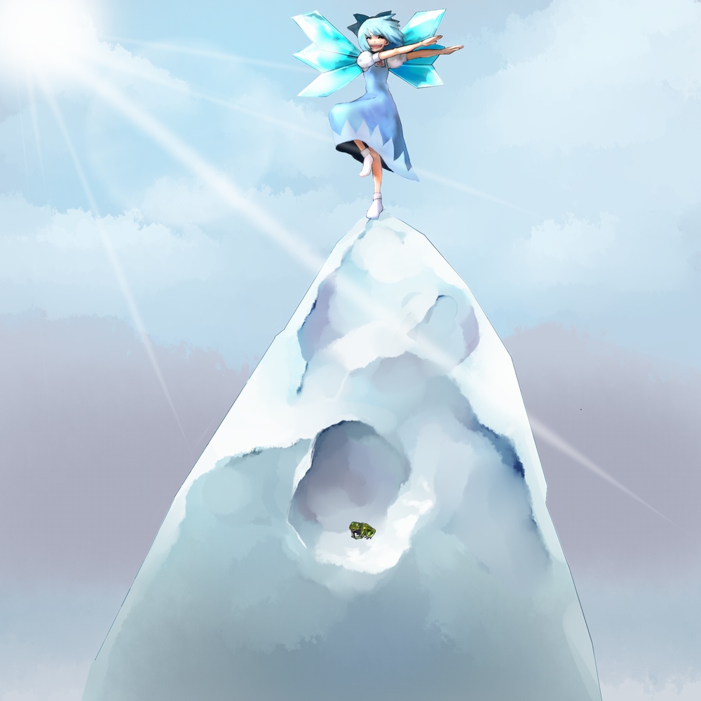 chirigami-san, cirno, shoot the bullet, touhou, 1girl, female focus, frog, ice, light rays, outstretched arms, solo, standing, standing on one leg, sunbeam, sunlight, wings