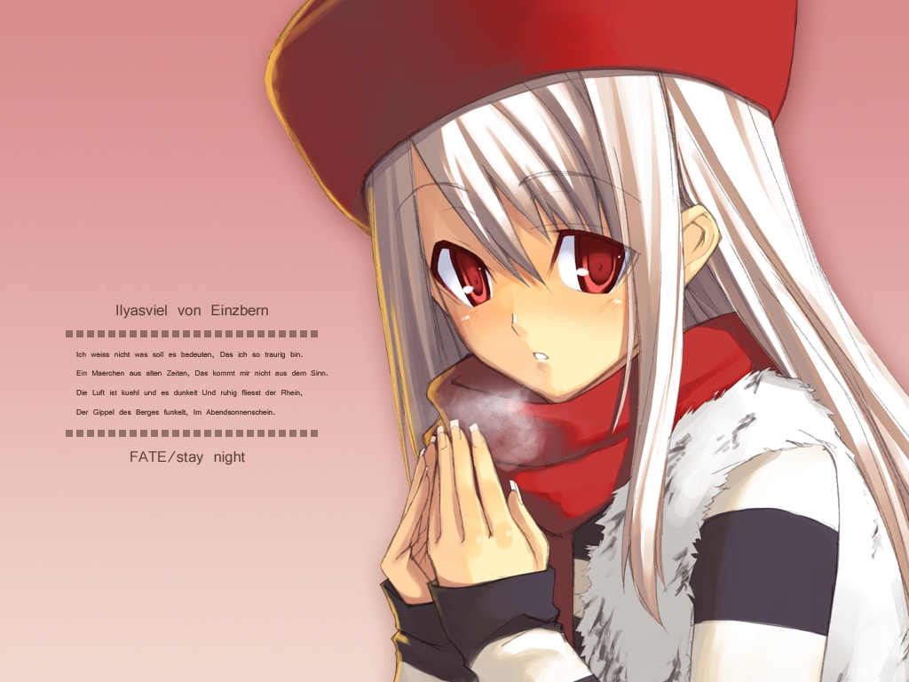 illyasviel von einzbern, fate/stay night, fate (series), 00s, 1girl, character name, copyright name, female focus, german text, hat, long hair, pink background, red eyes, red hat, red scarf, scarf, solo, white hair