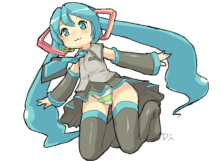 kaneru 2, hatsune miku, vocaloid, long hair, oekaki, panties, solo, striped clothes, striped panties, thighhighs, twintails, underwear, upskirt, very long hair