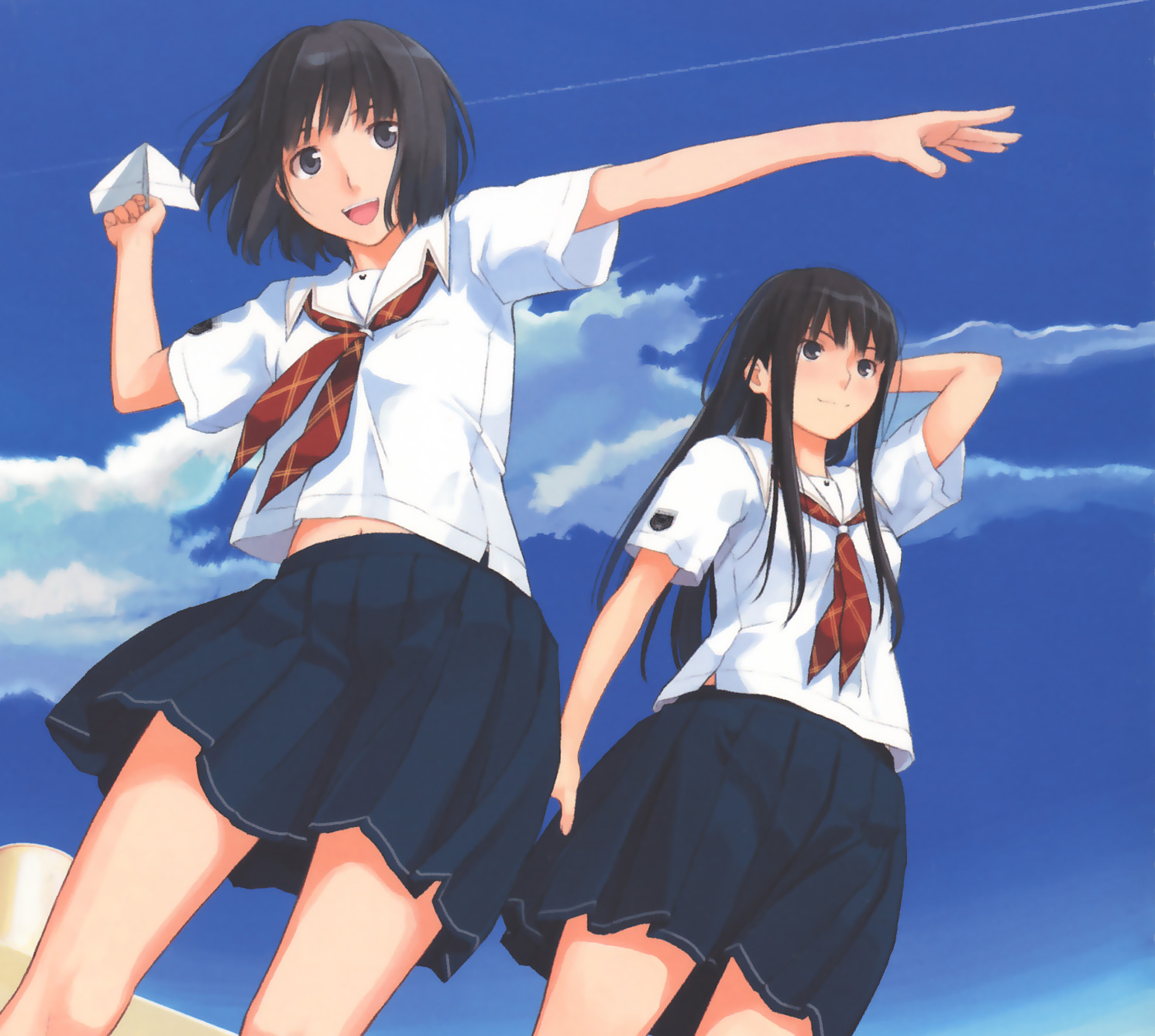 futami eriko, shijou mitsuki, kimi kiss, highres, holding, holding paper airplane, paper airplane, school uniform, serafuku