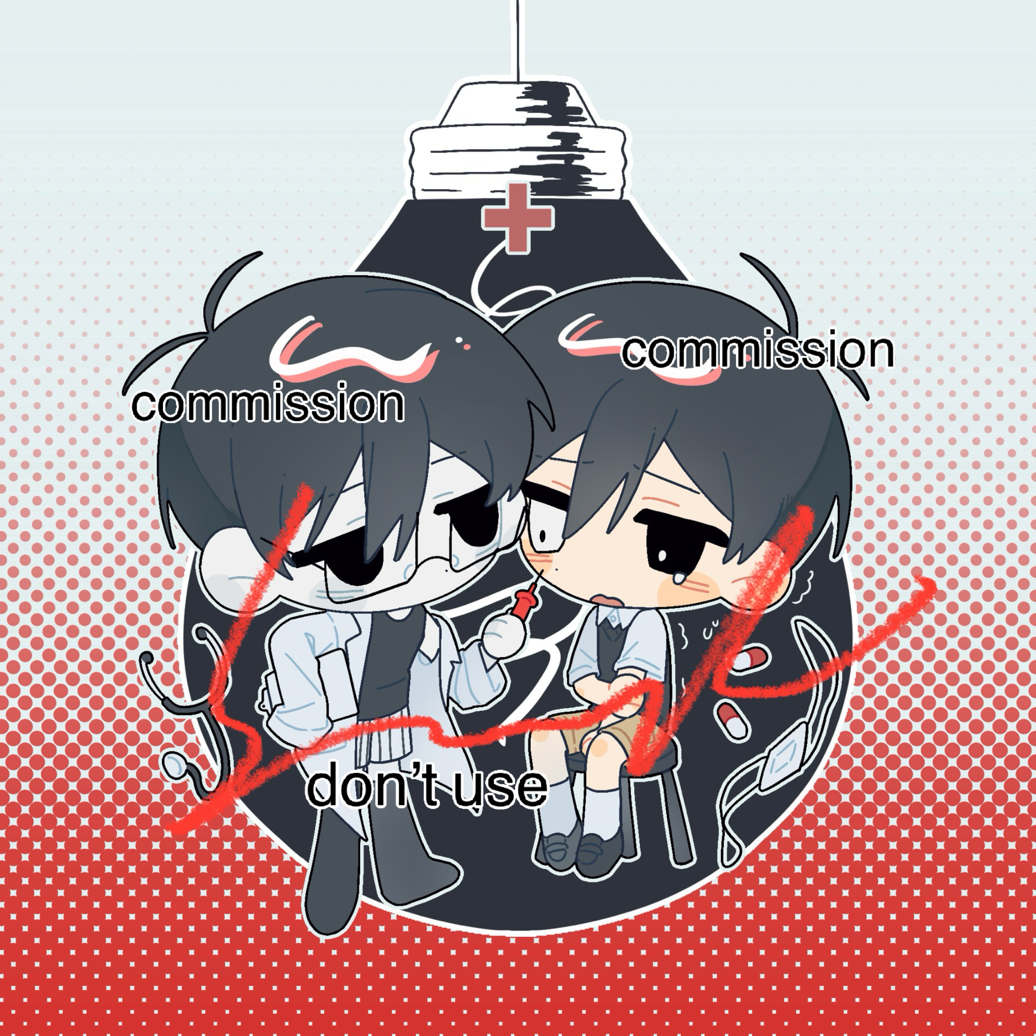 hrsw mz, omori (omori), sunny (omori), omori, chinese commentary, commentary request, commission, highres, spoilers, 2boys, antenna hair, bespectacled, black-framed eyewear, black eyes, black hair, black shoes, black socks, black sweater vest, black tank top, bright pupils, brown shorts, chair, cheek-to-cheek, chibi, chibi only, clipboard, coat, collared shirt, colored skin, dot nose, double-parted bangs, dual persona, empty eyes, eye contact, eyepatch, fewer digits, flying sweatdrops, full body, glasses, grey background, hair behind ear, hair between eyes, halftone, halftone background, hand on own arm, heads together, heterochromia, holding, holding clipboard, holding syringe, kneehighs, loafers, long sleeves, looking at another, medical eyepatch, mismatched pupils, multiple boys, no mouth, no pupils, no shoes, on chair, open clothes, open coat, open mouth, outline, rectangular eyewear, red background, shirt, shoes, short hair, short sleeves, shorts, simple background, single bare shoulder, sitting, socks, standing, striped clothes, striped shorts, sweater vest, syringe, tank top, trembling, two-tone background, unworn eyepatch, vertical-striped clothes, vertical-striped shorts, very short hair, watermark, white coat, white eyes, white outline, white pupils, white shirt, white shorts, white skin, white socks