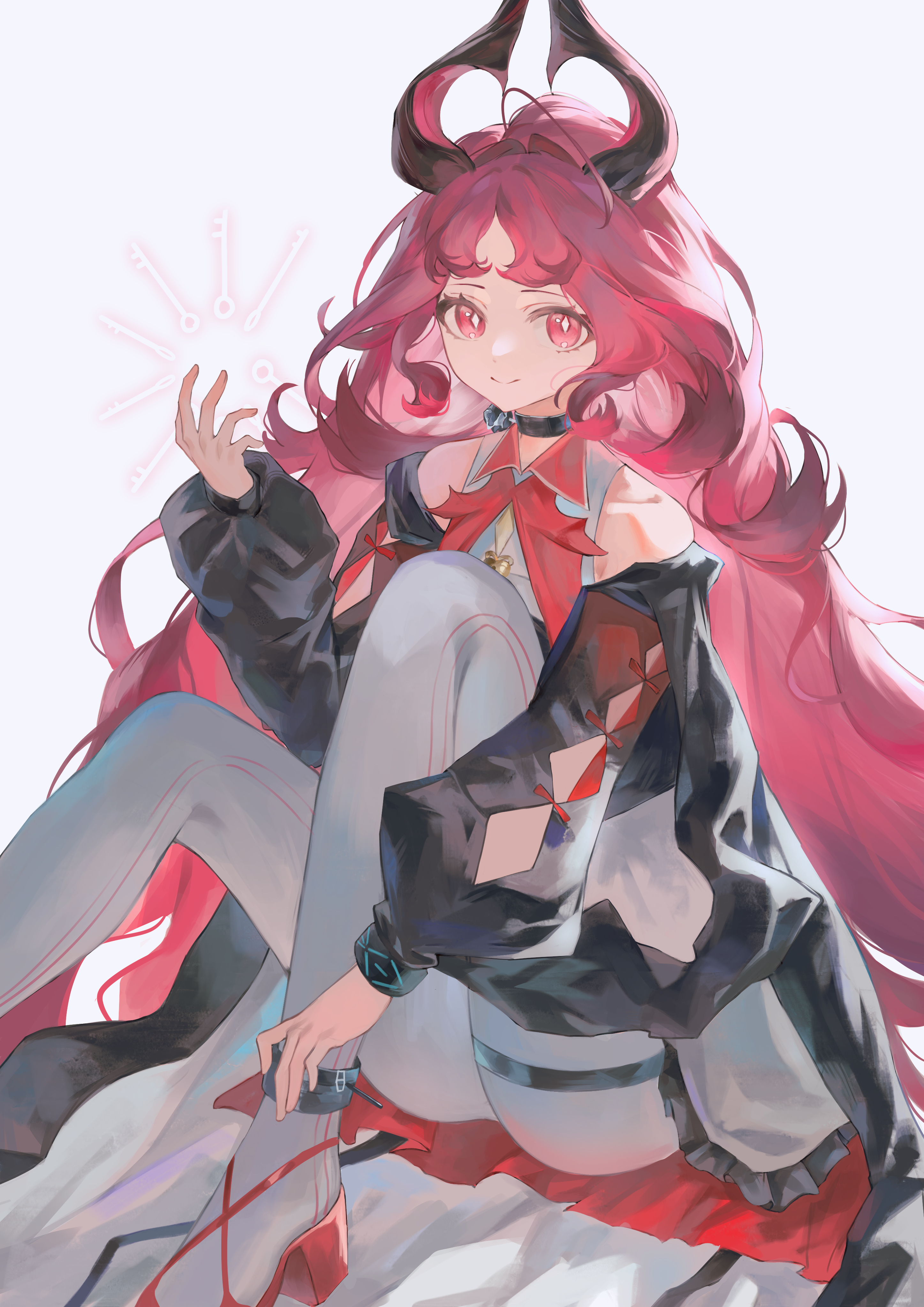 puranetto (vjun4748), infection monitor (arknights), nymph (arknights), arknights, absurdres, highres, 1girl, bare shoulders, bright pupils, clothing cutout, collarbone, diamond-shaped pupils, diamond (shape), hand up, horns, long hair, long sleeves, looking at viewer, pantyhose, puffy long sleeves, puffy sleeves, red eyes, red hair, simple background, solo, symbol-shaped pupils, thighs, very long hair, white background, white pantyhose, white pupils