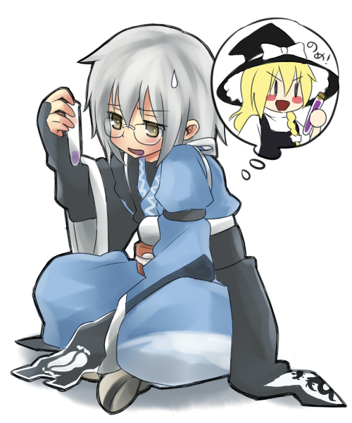 kiji (manekinuko-tei), kirisame marisa, morichika rinnosuke, curiosities of lotus asia, touhou, 1girl, blonde hair, braid, female focus, full body, glasses, hat, open mouth, solo, white background, witch, witch hat