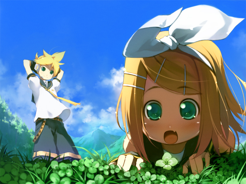 chinchickrin, kagamine len, kagamine rin, vocaloid, 1boy, 1girl, arms behind head, blonde hair, blush, brother and sister, child, clover, day, fang, four-leaf clover, green eyes, hair ornament, hairclip, ireland, open mouth, short hair, siblings, sky, tree, twins