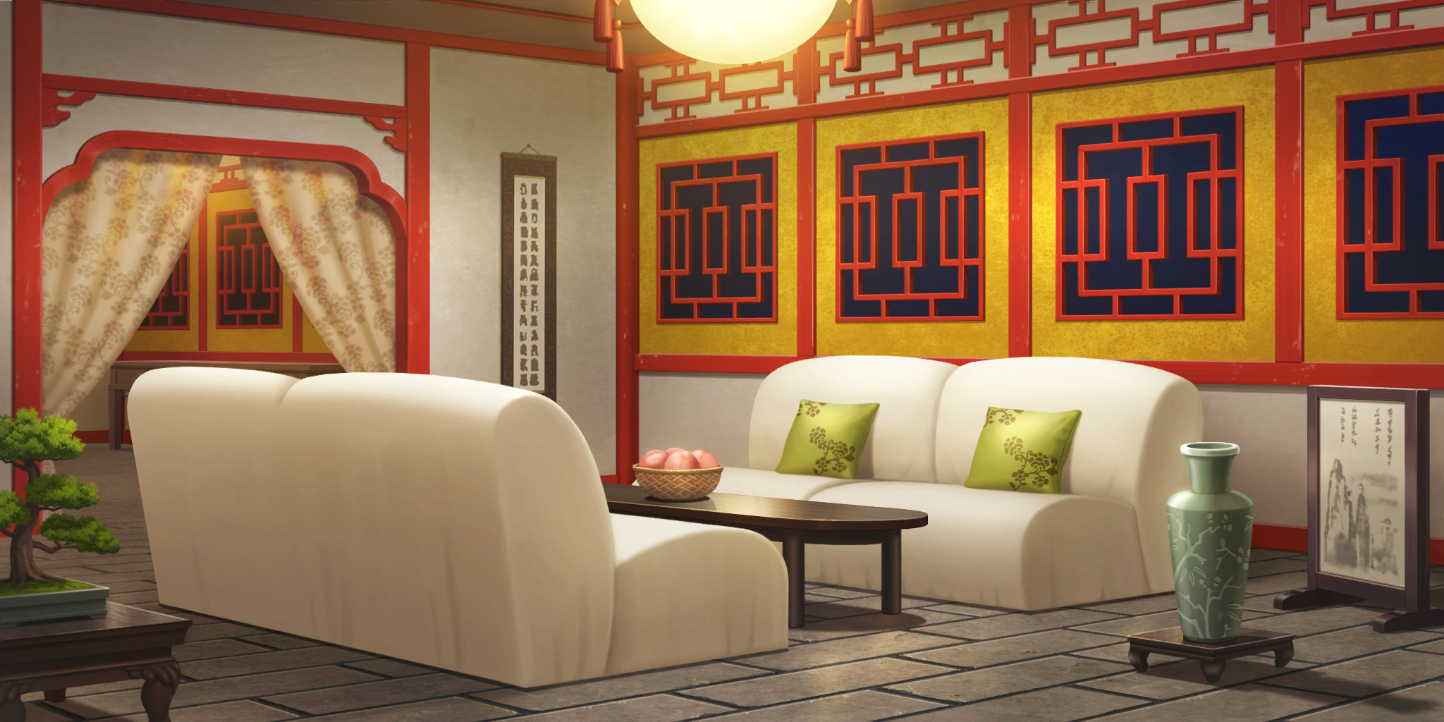 touhou, touhou lostword, artist request, game cg, highres, third-party source, architecture, basket, bonsai, couch, cushion, east asian architecture, food, fruit, hanging light, hanging scroll, indoors, lattice, painting (object), peach, scenery, scroll, table, vase