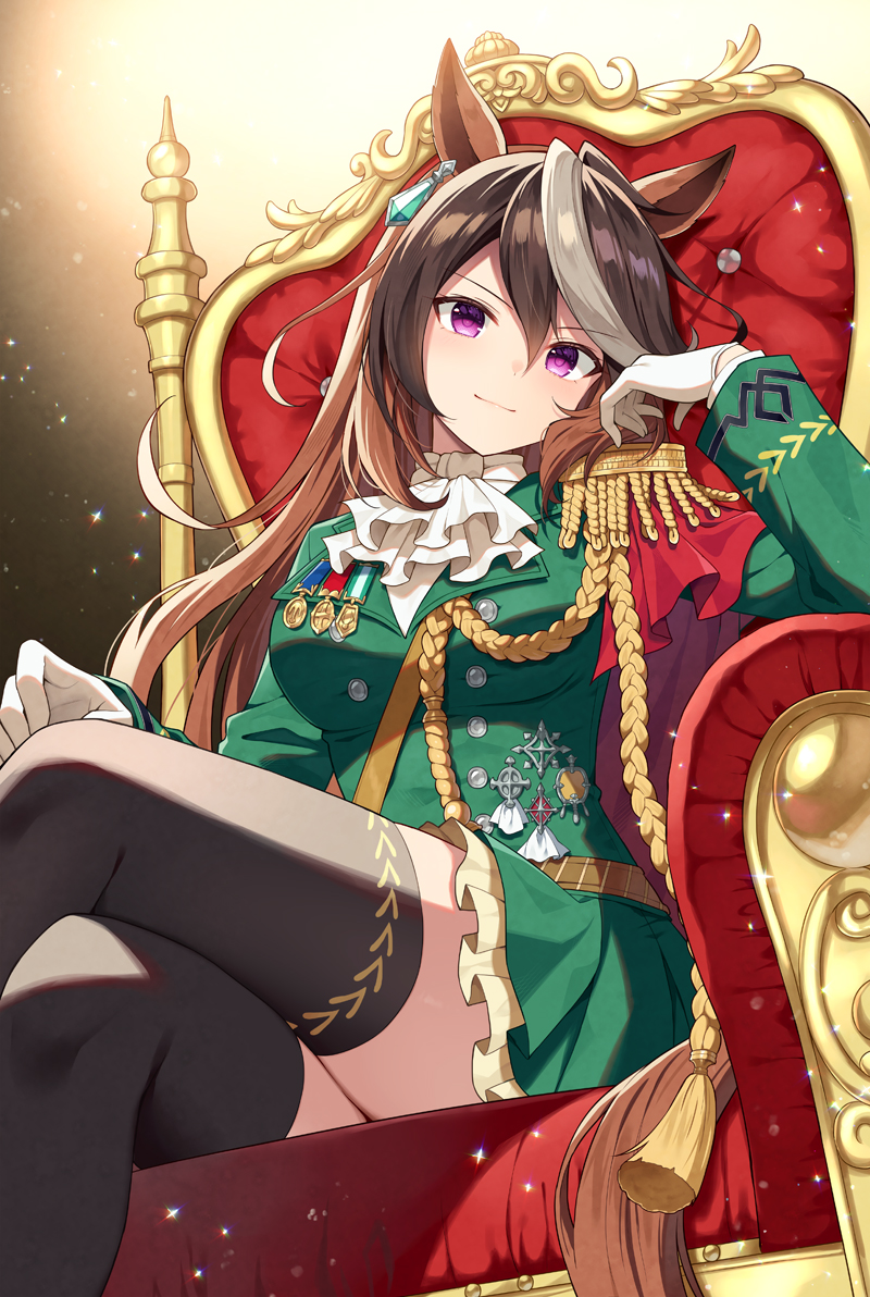 mauve, symboli rudolf (umamusume), umamusume, commentary, symbol-only commentary, 1girl, aiguillette, animal ears, armchair, ascot, black thighhighs, breasts, brown hair, chair, closed mouth, crossed legs, epaulettes, frilled skirt, frills, gloves, green jacket, green skirt, hair between eyes, hand up, horse ears, horse girl, horse tail, jacket, long sleeves, looking at viewer, medium breasts, multicolored hair, on chair, pleated skirt, purple eyes, shirt, single epaulette, sitting, skirt, smile, solo, tail, thighhighs, two-tone hair, white ascot, white gloves, white hair, white shirt