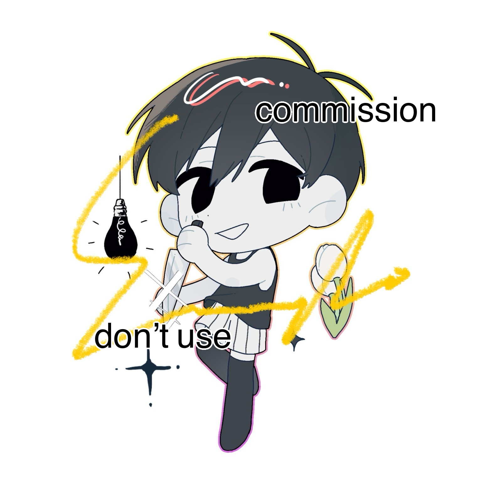 hrsw mz, omori (omori), omori, chinese commentary, commentary request, commission, highres, 1boy, :d, antenna hair, bare arms, bare shoulders, black eyes, black hair, black tank top, black thighhighs, chibi, chibi only, colored skin, double-parted bangs, empty eyes, fewer digits, flower, full body, gradient outline, grin, hair behind ear, hair between eyes, holding, holding knife, knife, light bulb, male focus, no pupils, open mouth, outline, over-kneehighs, pink outline, reverse grip, short hair, shorts, smile, solo, sparkle, standing, standing on one leg, striped clothes, striped shorts, tank top, thighhighs, tulip, vertical-striped clothes, vertical-striped shorts, very short hair, watermark, white flower, white shorts, white skin, white tulip, yellow outline