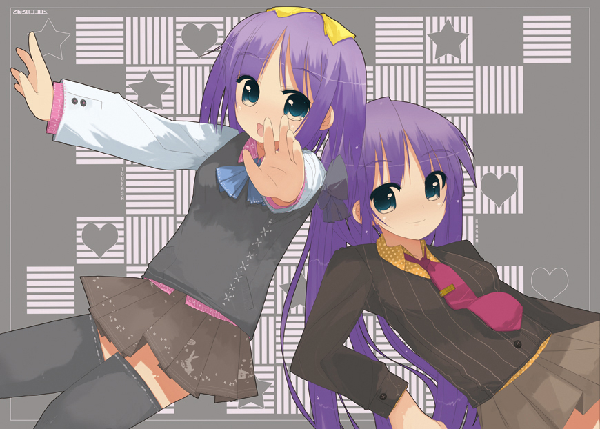 mukoujima tenro, tenro, hiiragi kagami, hiiragi tsukasa, lucky star, 00s, 2girls, miniskirt, multiple girls, necktie, school uniform, serafuku, siblings, sisters, skirt, sweater vest, thighhighs, twins, vest, zettai ryouiki