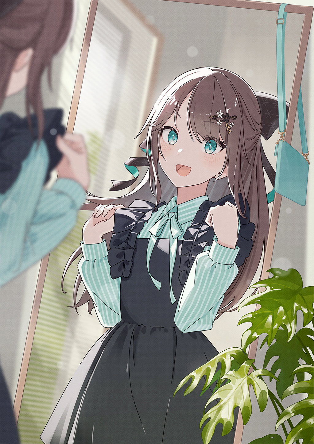 wakuseiy, original, highres, 1girl, aqua eyes, aqua ribbon, aqua shirt, black dress, black flower, brown hair, dress, flower, hair flower, hair ornament, hands up, indoors, leaf, looking at mirror, mirror, neck ribbon, open mouth, parted bangs, reflection, ribbon, shirt, smile, solo, striped clothes, striped shirt, white flower