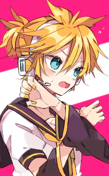 kaho 0102, kagamine len, vocaloid, commentary request, 1boy, arm warmers, bass clef, black sailor collar, blonde hair, blue eyes, blush, double-parted bangs, flying sweatdrops, hair between eyes, hands up, headset, male focus, nail polish, open mouth, sailor collar, shirt, short hair, short sleeves, solo, sweatdrop, upper body, white shirt, yellow nails